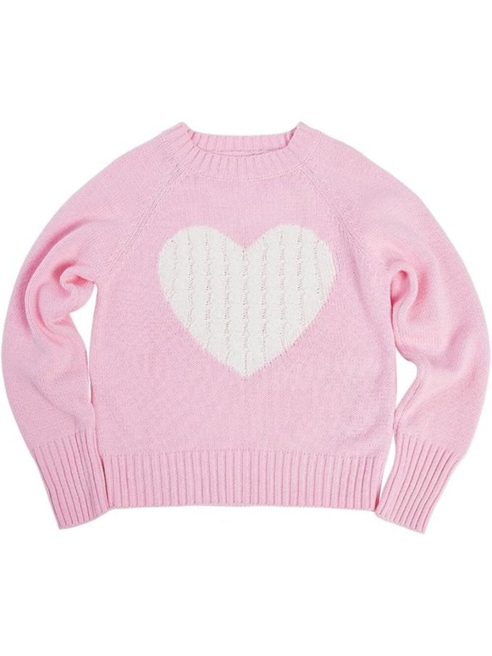 Girls Pink Knit Sweater With White Cable-Knit Heart Design Long Sleeves Ribbed C